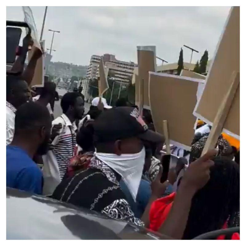 Protesting Nigerians marching in Abuja with placards calling for the rescue of abducted schoolchildren in Oyo State and stronger government action on insecurity.