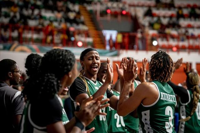 D’Tigress players celebrate their semifinal win over Senegal at AfroBasket 2025.
