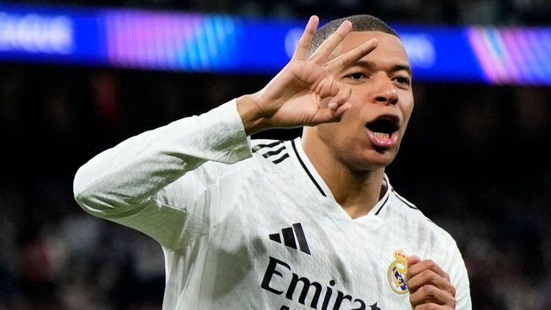 Kylian Mbappé celebrating after scoring for Real Madrid against Real Sociedad.